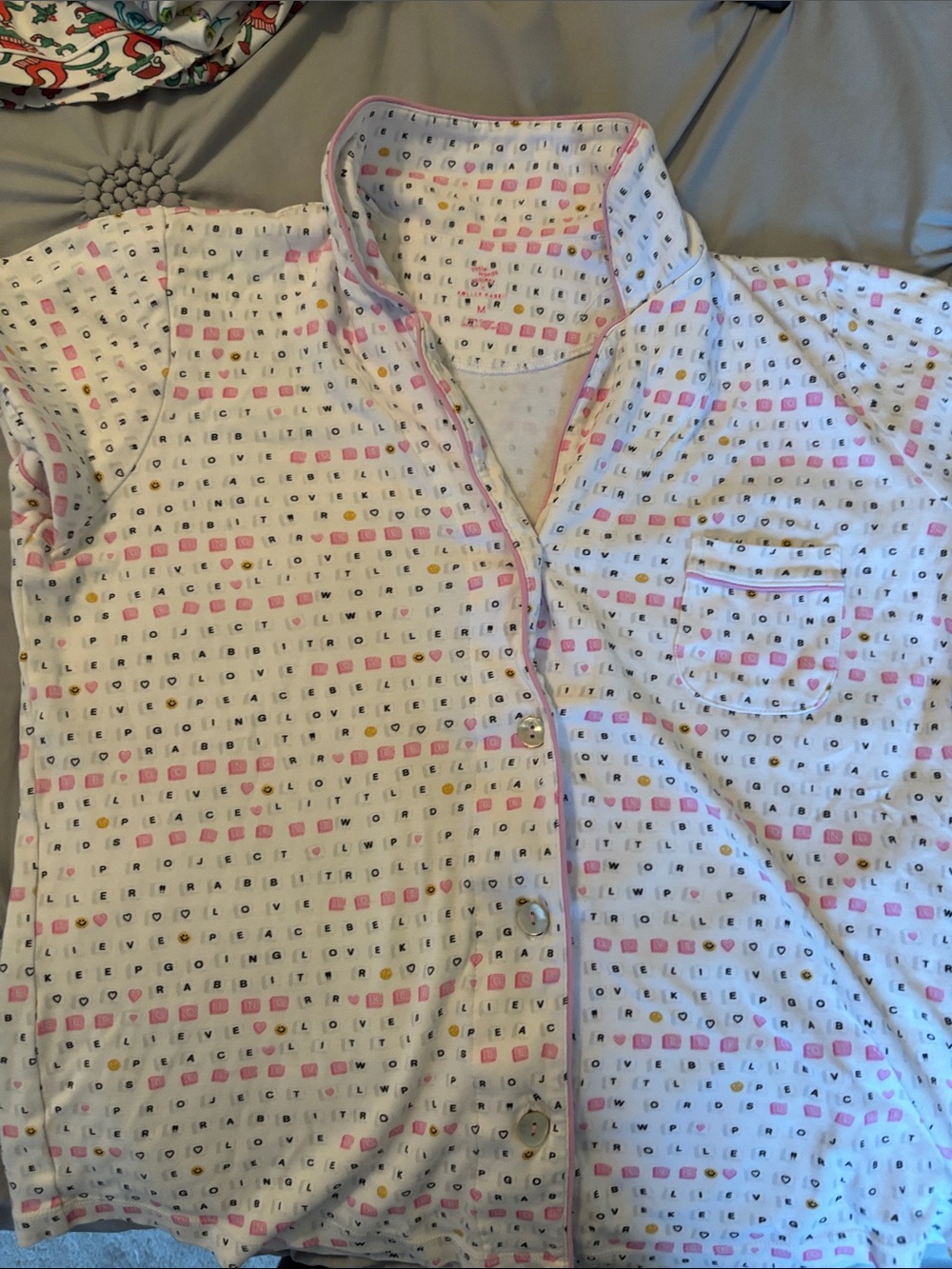 Roller Rabbit White Pajama Shirt with Pink and Gold Dot Motif. TOP ONLY